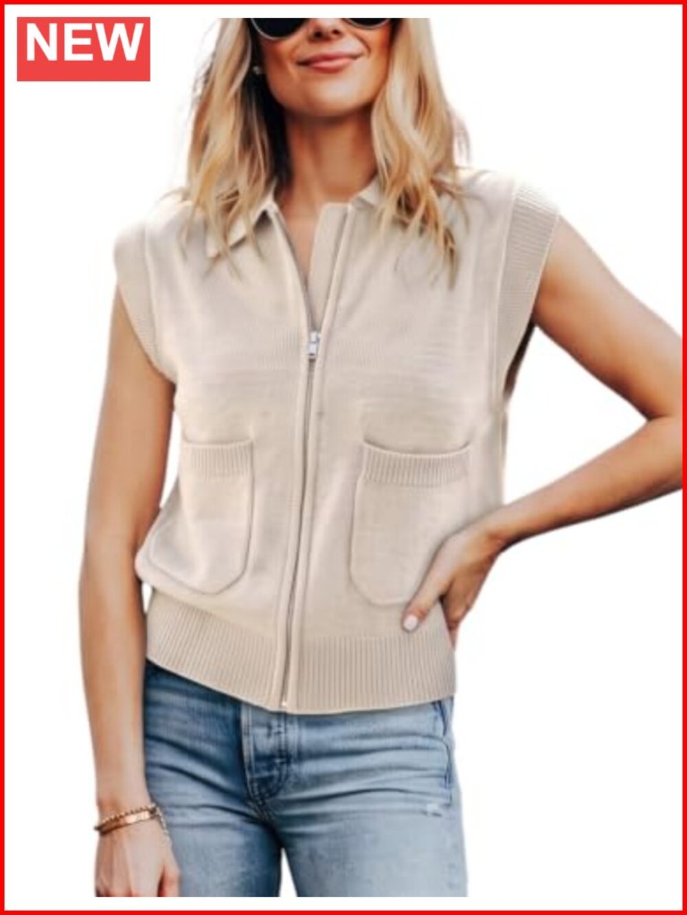 Zip Up Sweater Vest Sleeveless Knit Cardigan Collared Top